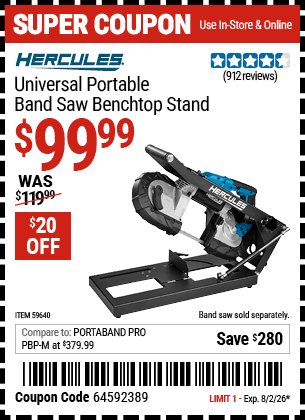Harbor Freight Coupons, HF Coupons, 20% off - HERCULES Universal Portable Band Saw Benchtop Stand 