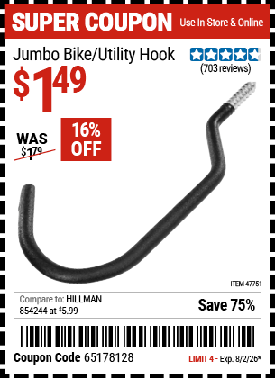 Harbor Freight Coupons, HF Coupons, 20% off - Jumbo Bike/utility Hook