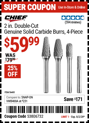 Harbor Freight Coupons, HF Coupons, 20% off - 2 in.  Double Cut Genuine Solid Carbide Burrs, 4 Pc.