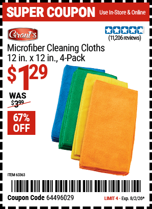 Harbor Freight Coupons, HF Coupons, 20% off - Microfiber Cleaning Cloths Pack Of 4