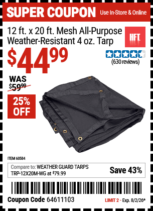 Harbor Freight Coupons, HF Coupons, 20% off - 12 ft. x 20 ft. Mesh All Purpose/Weather Resistant Tarp