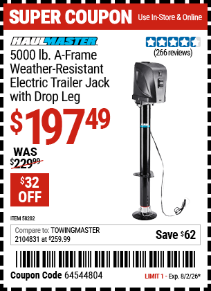Harbor Freight Coupons, HF Coupons, 20% off - HAUL-MASTER 5000 lb. A-Frame Weather Resistant Electric Trailer Jack with Drop Leg for $199.99
