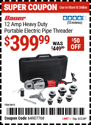 Harbor Freight Coupons, HF Coupons, 20% off - BAUER 12 Amp Heavy Duty Portable Electric Pipe Threader for $299.99