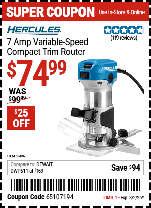 Harbor Freight Coupons, HF Coupons, 20% off - HERCULES 1/4 in. Variable-Speed Compact Trim Router for $64.99