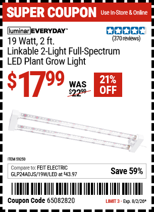 Harbor Freight Coupons, HF Coupons, 20% off - LUMINAR EVERYDAY 2600 Lumen 2 ft. Linkable LED Plant Grow Light for $17.99