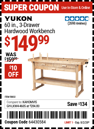 Harbor Freight Coupons, HF Coupons, 20% off - YUKON 60 in. 3-Drawer Hardwood Workbench for $139.99