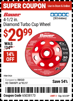 Harbor Freight Coupons, HF Coupons, 20% off - 4-1/2 in. Diamond Turbo Cup Wheel