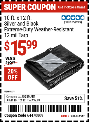 Harbor Freight Coupons, HF Coupons, 20% off - 10 ft. x 12 ft. Silver and Black Extreme Duty Weather Resistant Tarp for $16.99
