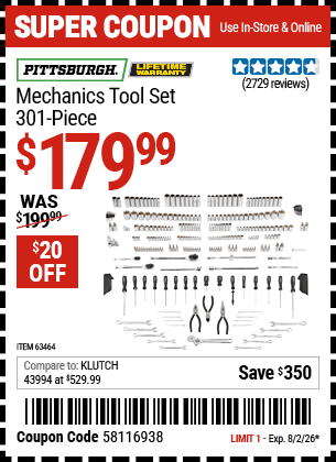 Harbor Freight Coupons, HF Coupons, 20% off - 301 Piece Master Mechanic's Tool Kit