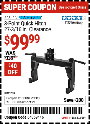 Harbor Freight Coupons, HF Coupons, 20% off - 3-point Quick Hitch