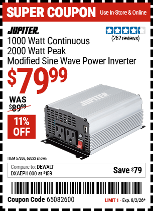 Harbor Freight Coupons, HF Coupons, 20% off - 1000 Watt Continuous/2000 Watt Peak Modified Sine Wave Power Inverter