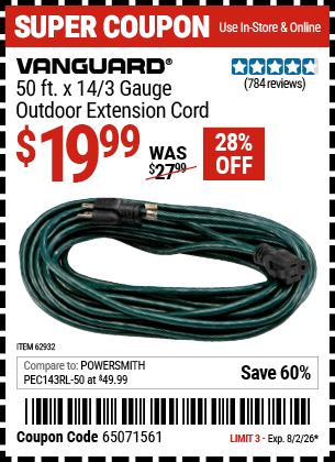 Harbor Freight Coupons, HF Coupons, 20% off - Vanguard 50 Ft. X 14 Gauge Outdoor Extension Cord