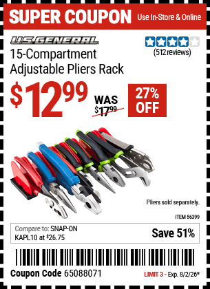 Harbor Freight Coupons, HF Coupons, 20% off - U.S. GENERAL 15 Compartment Adjustable Plier Rack for $12.99