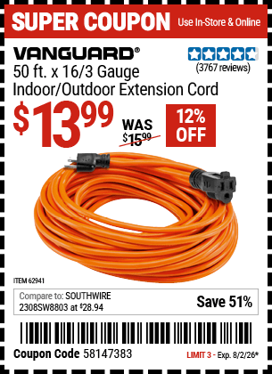 Harbor Freight Coupons, HF Coupons, 20% off - 50 Ft. X 16 Gauge Outdoor Extension Cord