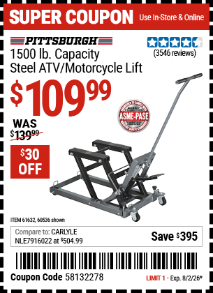 Harbor Freight Coupons, HF Coupons, 20% off - 1500 Lb. Capacity Atv/motorcycle Lift