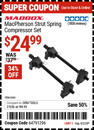 Harbor Freight Coupons, HF Coupons, 20% off - Macpherson Strut Spring Compressor Set