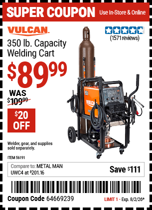 Harbor Freight Coupons, HF Coupons, 20% off - Vulcan 350 Lb. Capacity Welding Cart