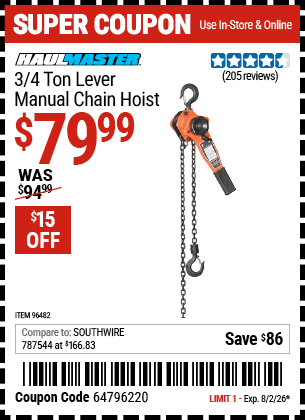 Harbor Freight Coupons, HF Coupons, 20% off - 3/4 ton Lever Manual Chain Hoist