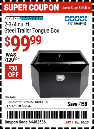 Harbor Freight Coupons, HF Coupons, 20% off - HAUL-MASTER 2-3/4 cu. ft. Steel Trailer Tongue Box