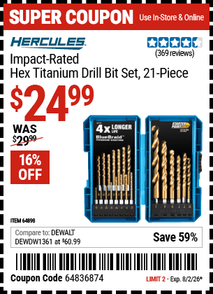 Harbor Freight Coupons, HF Coupons, 20% off - 21 Piece Hex Shaft Titanium Drill Bit Set