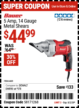 Harbor Freight Coupons, HF Coupons, 20% off - 14 Guage, 5 Amp Swivel Head Shears