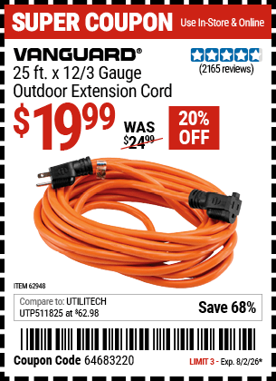 Harbor Freight Coupons, HF Coupons, 20% off - 25 ft. x 12 Gauge Outdoor Extension Cord