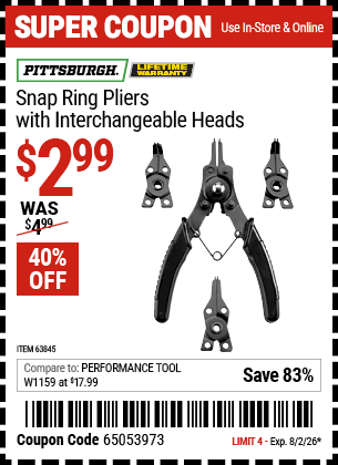 Harbor Freight Coupons, HF Coupons, 20% off - Pittsburgh Snap Ring Pliers With Interchangeable Heads