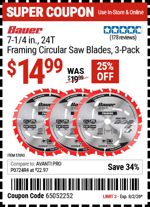 Harbor Freight Coupons, HF Coupons, 20% off - 7-1/4 in., 24T  Framing Circular Saw Blade, 3 Pk.