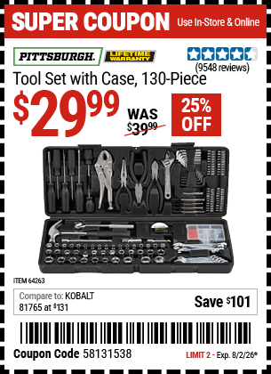 Harbor Freight Coupons, HF Coupons, 20% off - 130 Piece Tool Kit With Case
