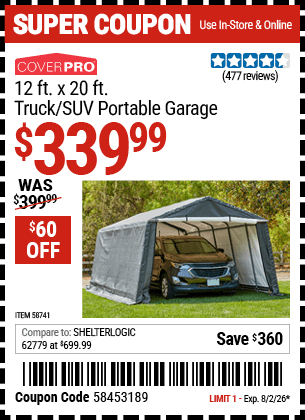 Harbor Freight Coupons, HF Coupons, 20% off - COVERPRO 12 ft. x 20 ft. Truck/SUV Portable Garage 