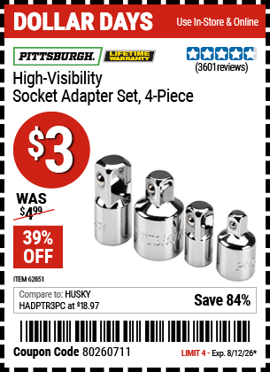 Harbor Freight Coupons, HF Coupons, 20% off - 4 Piece High Visibility Socket Adapter Set
