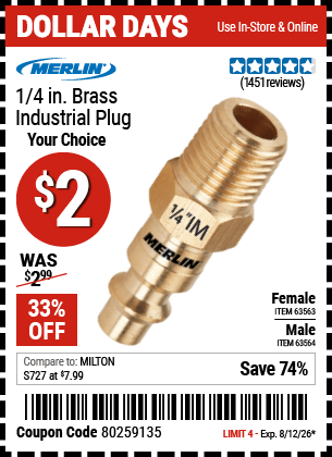 Harbor Freight Coupons, HF Coupons, 20% off - MERLIN 1/4 in. Brass Industrial Plug for $1.94