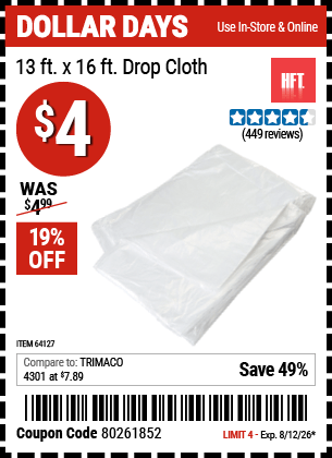 Harbor Freight Coupons, HF Coupons, 20% off - 13 ft. x 16 ft. Drop Cloth