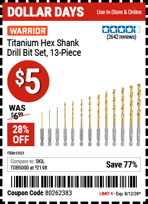 Harbor Freight Coupons, HF Coupons, 20% off - 13 Piece Titanium Nitride Coated High Speed Steel Drill Bits