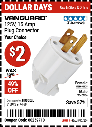 Harbor Freight Coupons, HF Coupons, 20% off - 125 Volt, 15 Amp Male Or Female Connector