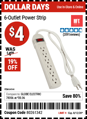 Harbor Freight Coupons, HF Coupons, 20% off - 6 Outlet Power Strip
