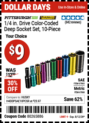 Harbor Freight Coupons, HF Coupons, 20% off - 10 Piece 1/4