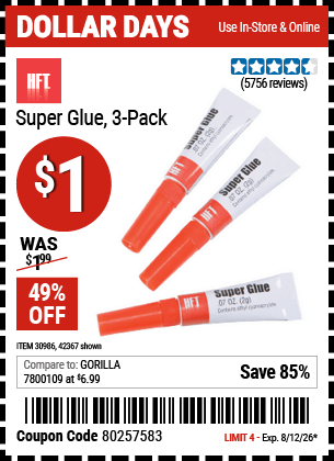 Harbor Freight Coupons, HF Coupons, 20% off - Super Glue Pack Of 3