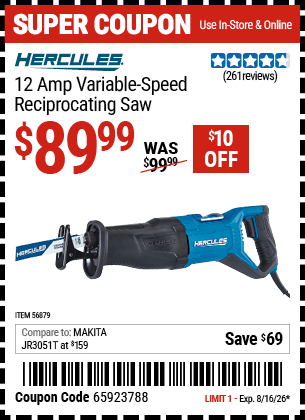 Harbor Freight Coupons, HF Coupons, 20% off - 12 Amp Variable Speed Reciprocating Saw