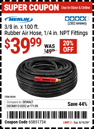 Harbor Freight Coupons, HF Coupons, 20% off - MERLIN 3/8 in. x 100 ft. Rubber Air Hose for $39.99
