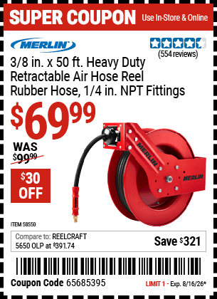 Harbor Freight Coupons, HF Coupons, 20% off - 3/8 in. x 50 ft. Premium Retractable Air Hose Reel