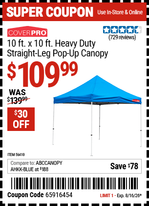 Harbor Freight Coupons, HF Coupons, 20% off - 10ft.x10ft. Heavy Duty Straight Leg Pop-up Canopy