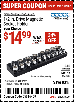 Harbor Freight Coupons, HF Coupons, 20% off - U.S. GENERAL 1/2 in. Drive Magnetic Socket Holder for $14.99