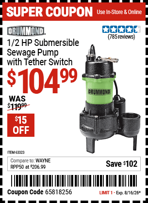 Harbor Freight Coupons, HF Coupons, 20% off - 1/2 HP Submersible Sewage Pump with Tether Switch