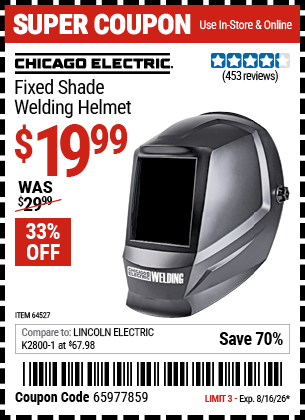 Harbor Freight Coupons, HF Coupons, 20% off - Chicago Electric Fixed Shade Welding Helmet