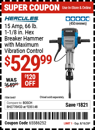 Harbor Freight Coupons, HF Coupons, 20% off - Hercules 15 Amp Pro, 1-1/8' Hex Breaker Hammer Kit