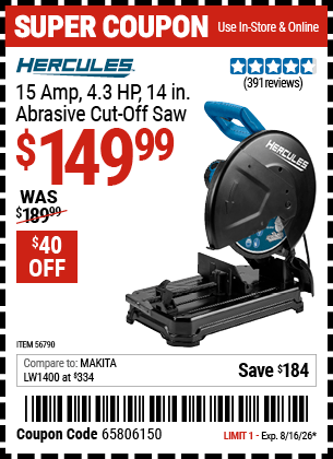 Harbor Freight Coupons, HF Coupons, 20% off - 15 Amp 4.3 HP 14 in.  Abrasive Cut-Off Saw