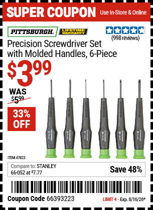 Harbor Freight Coupons, HF Coupons, 20% off - 6 Piece Precision Screwdriver Set With Molded Handles