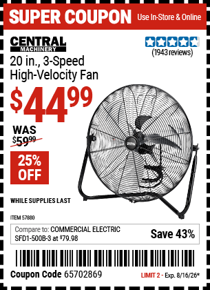 Harbor Freight Coupons, HF Coupons, 20% off - CENTRAL MACHINERY 20 in., 3-Speed High Velocity Fan for $44.99