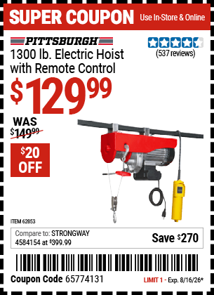 Harbor Freight Coupons, HF Coupons, 20% off - PITTSBURGH AUTOMOTIVE 1300 lb. Electric Hoist with Remote Control for $144.99